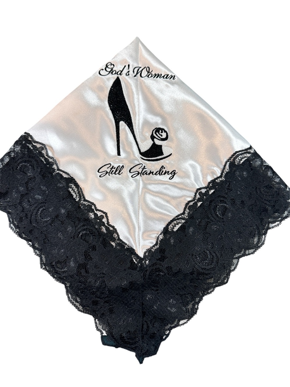White Satin Embroidered Church Handkerchief with White Lace Trim
